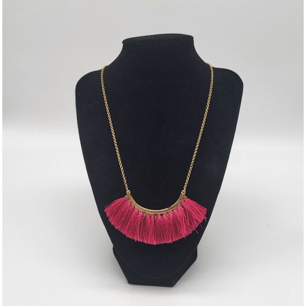 Stella & Dot Eden Hot Pink Fringe Gold Tone Necklace Tassel Fan Boho
